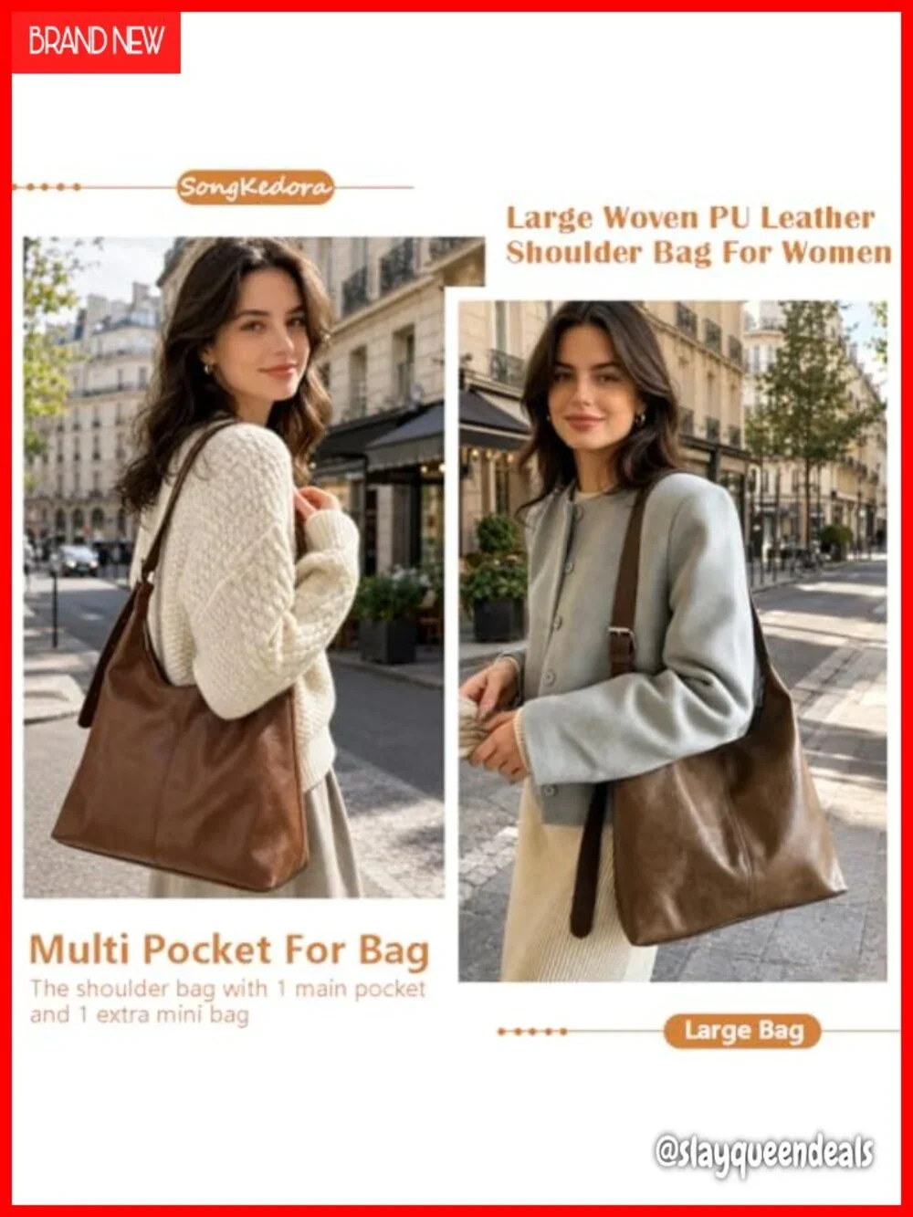 Women Large Hobo Bag Vegan Leather Slouchy Shoulder Tote Travel Shopping Purse